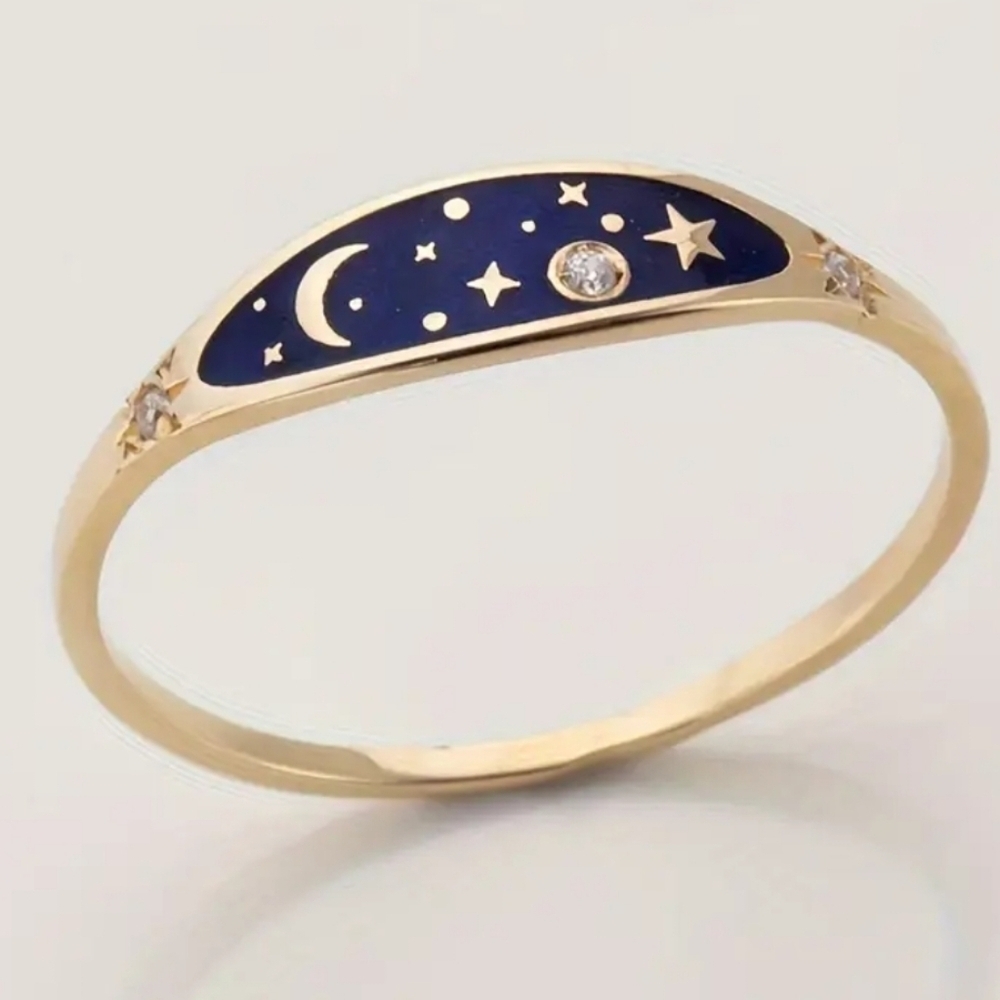 Golden Plated Copper Ring with Enamel Sky Design Moon and Stars Size 8